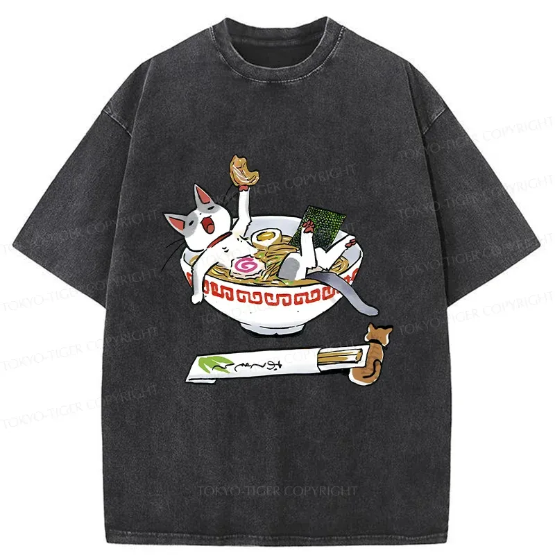 Tokyo-Tiger Cute Cat Ramen Washed T-Shirt