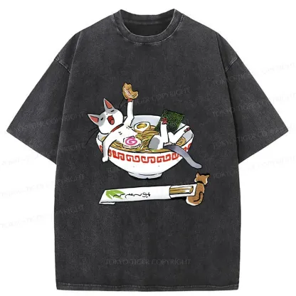 Tokyo-Tiger Cute Cat Ramen Washed T-Shirt