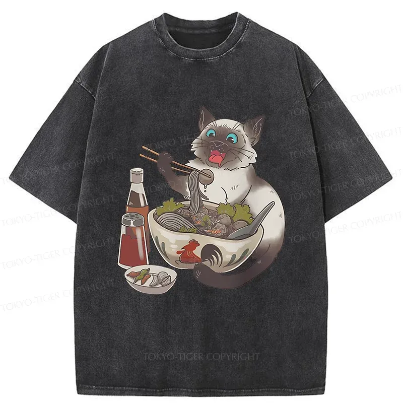 Tokyo-Tiger Siamese Cat Eating Ramen Washed T-Shirt