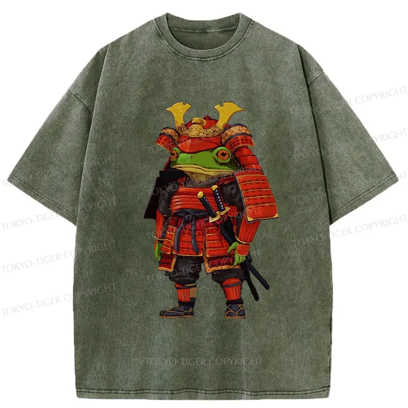 Tokyo-Tiger Frog In Traditional Samurai Armor Washed T-Shirt