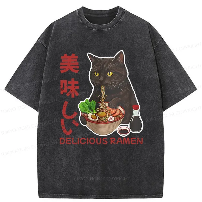 Tokyo-Tiger Black Cat Eating Delicious Ramen Washed T-Shirt