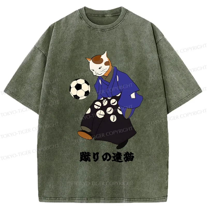 Tokyo-Tiger Cat Playing Football Washed T-Shirt