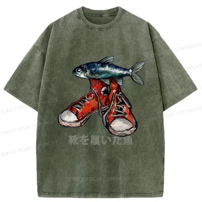 Tokyo-Tiger Fish Wearing Shoes Washed T-Shirt