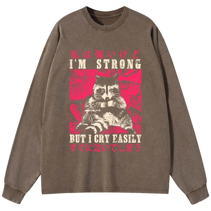 Tokyo-Tiger I Am Strong Raccoon Washed Long Sleeve T-Shirt Sale