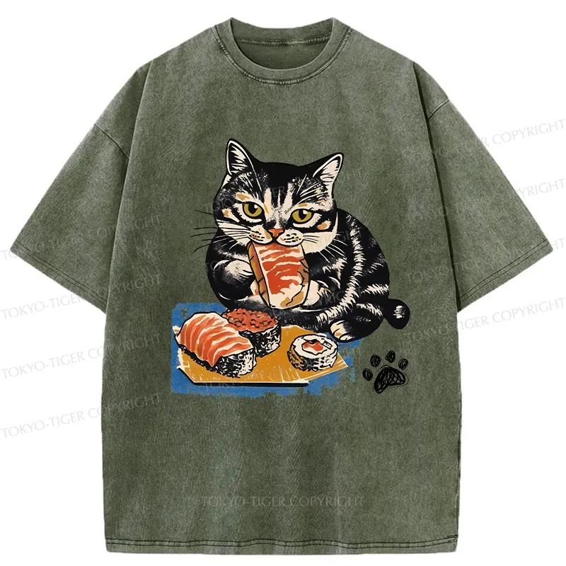 Tokyo-Tiger Sashimi Lover Cat Washed T-Shirt