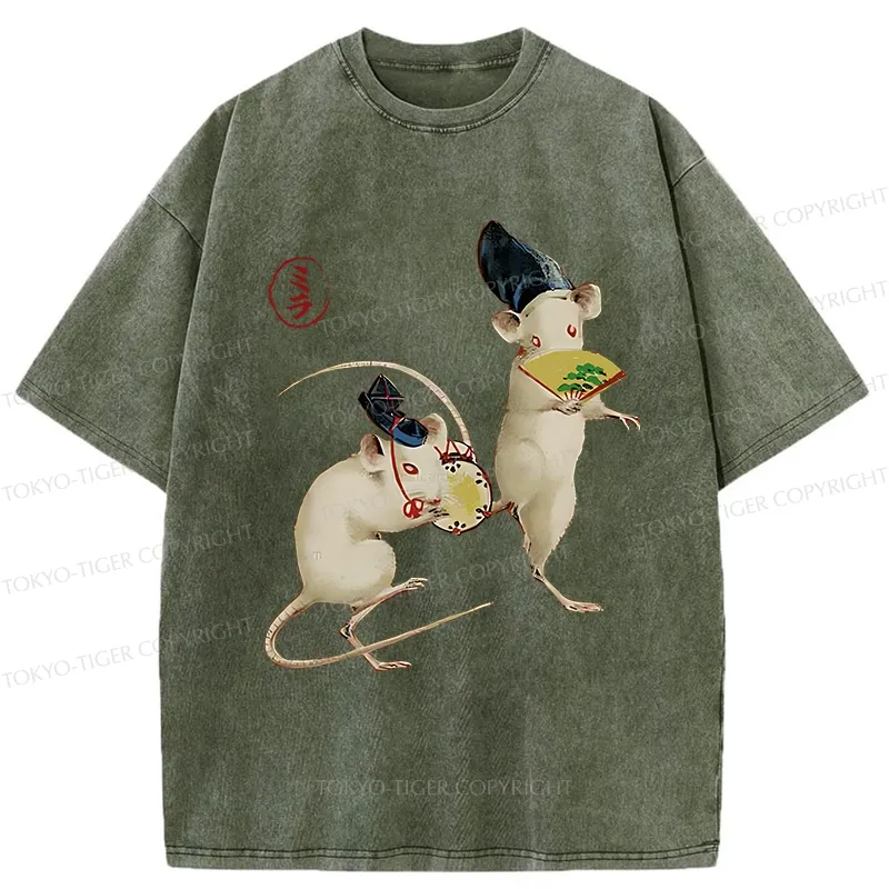 Tokyo-Tiger Retro Dancing Mouse Washed T-Shirt
