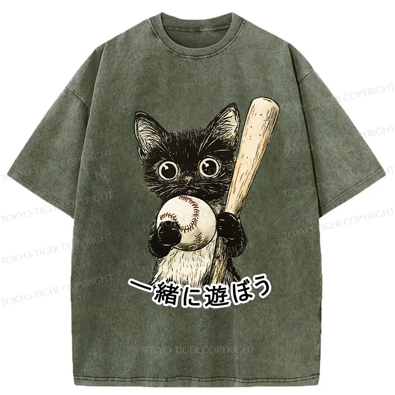 Tokyo-Tiger Cute Cat Playing Baseball Washed T-Shirt Sale