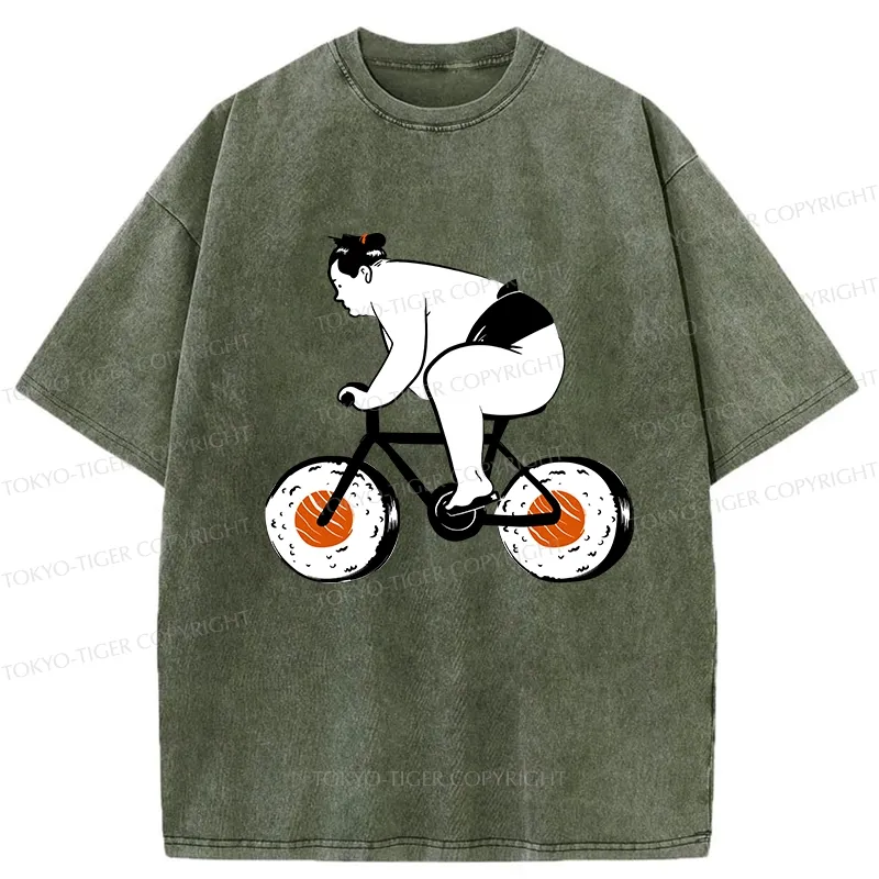Tokyo-Tiger Sumo Riding A Sushi Bike Washed T-Shirt
