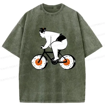 Tokyo-Tiger Sumo Riding A Sushi Bike Washed T-Shirt