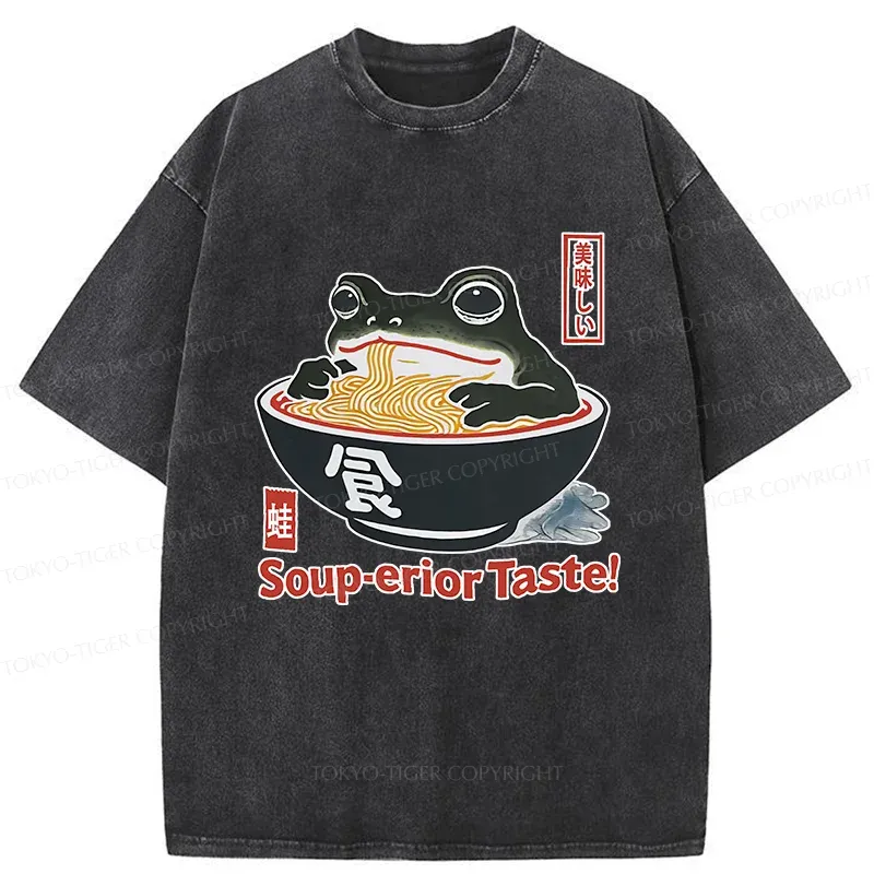 Tokyo-Tiger Retro Frog Eating Ramen Washed T-Shirt