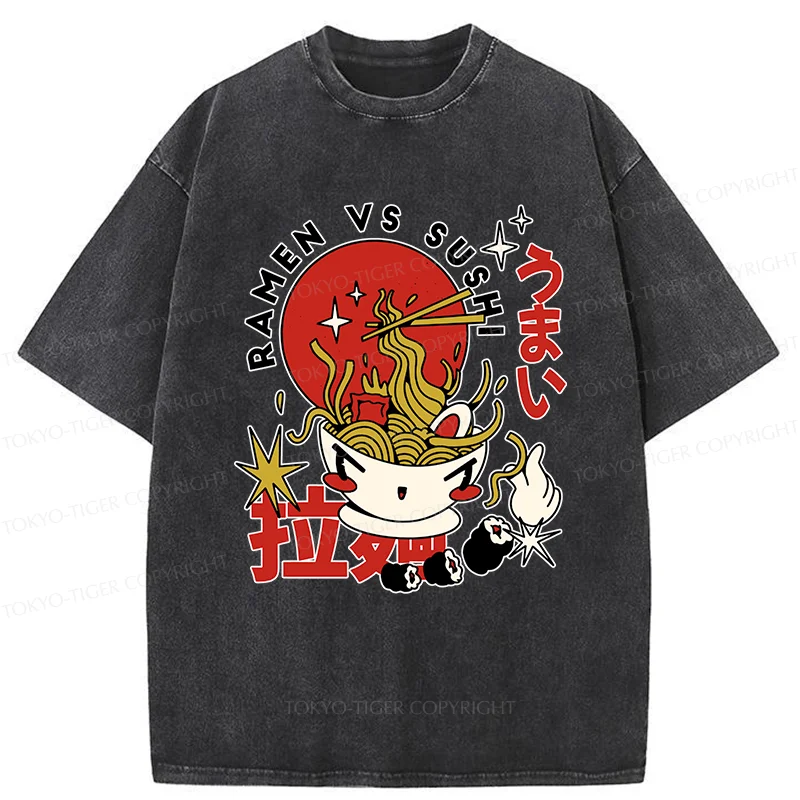 Tokyo-Tiger Retro Ramen And Sushi Washed T-Shirt