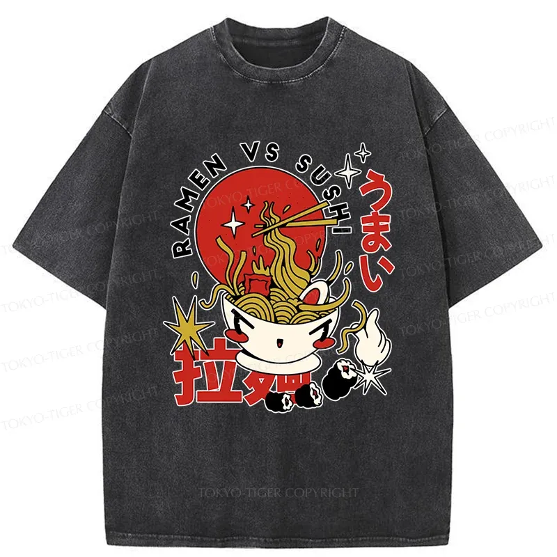 Tokyo-Tiger Retro Ramen And Sushi Washed T-Shirt