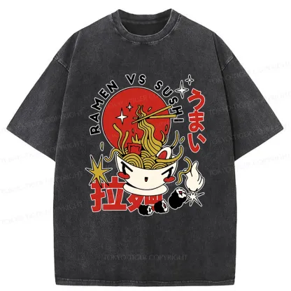 Tokyo-Tiger Retro Ramen And Sushi Washed T-Shirt