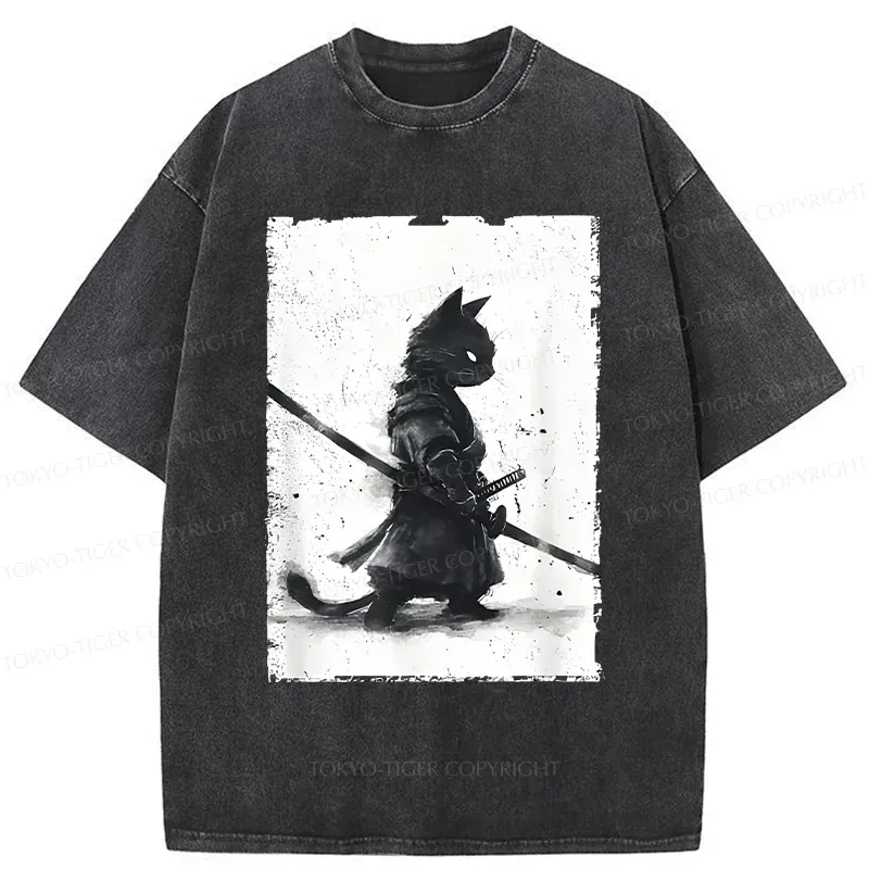Tokyo-Tiger Retro Cat Samurai Washed T-Shirt