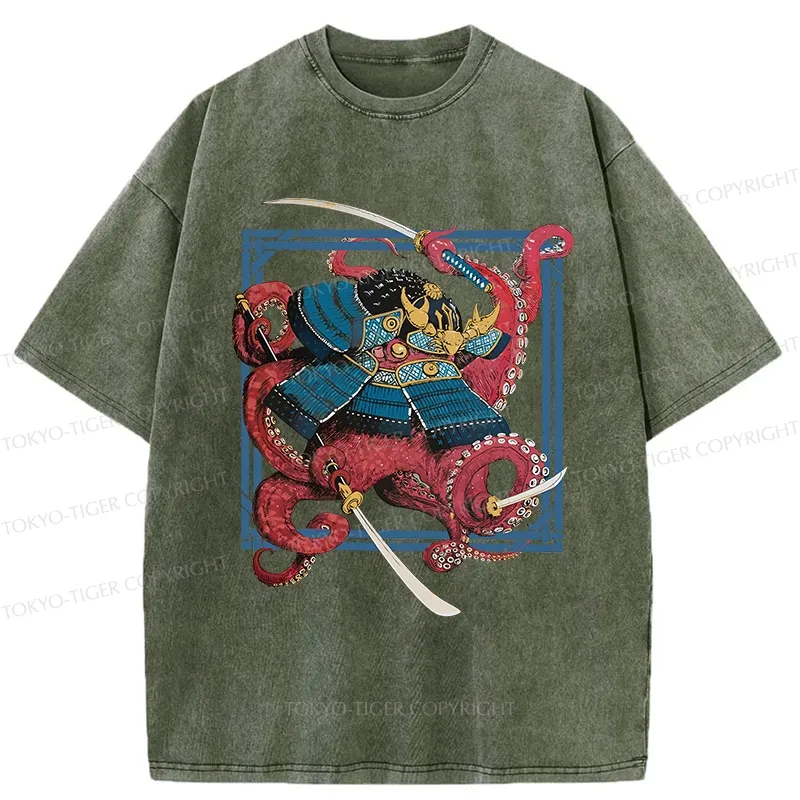 Tokyo-Tiger Samurai Octopus Swinging Sword Washed T-Shirt