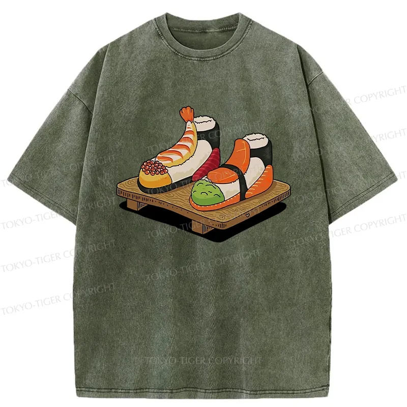 Tokyo-Tiger Funny Sushi Shoes Washed T-Shirt Sale