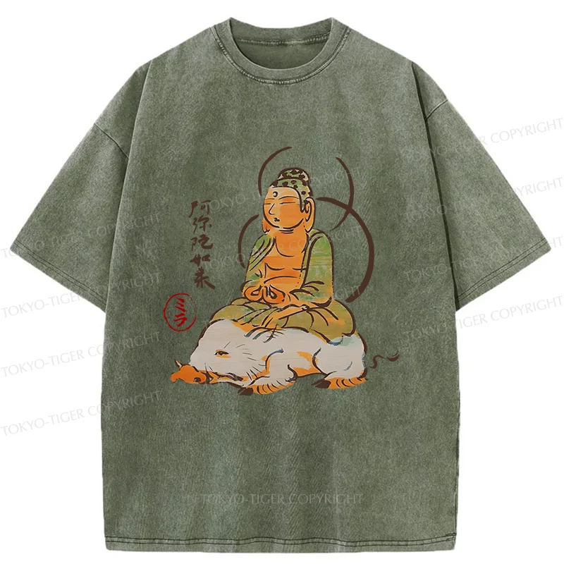 Tokyo-Tiger Buddha Riding A Pig Washed T-Shirt
