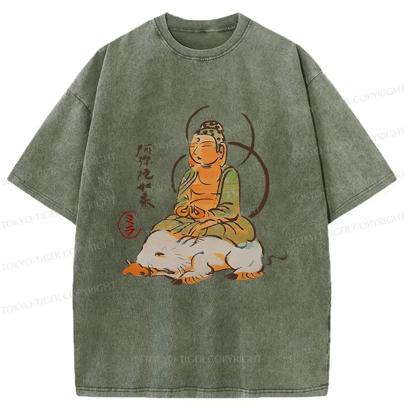 Tokyo-Tiger Buddha Riding A Pig Washed T-Shirt