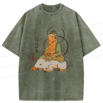 Tokyo-Tiger Buddha Riding A Pig Washed T-Shirt