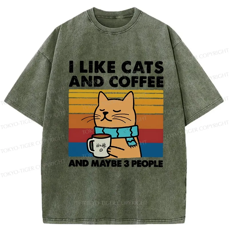 Tokyo-Tiger I Like Cats And Coffee Washed T-Shirt