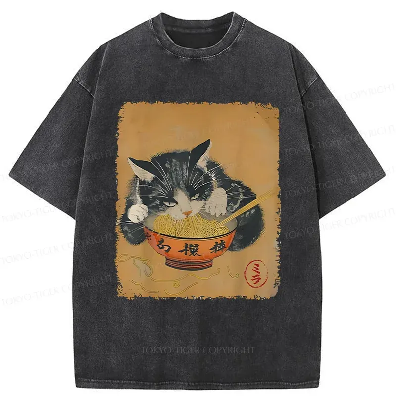 Tokyo-Tiger Vintage Black Cat Eat Ramen Washed T-Shirt