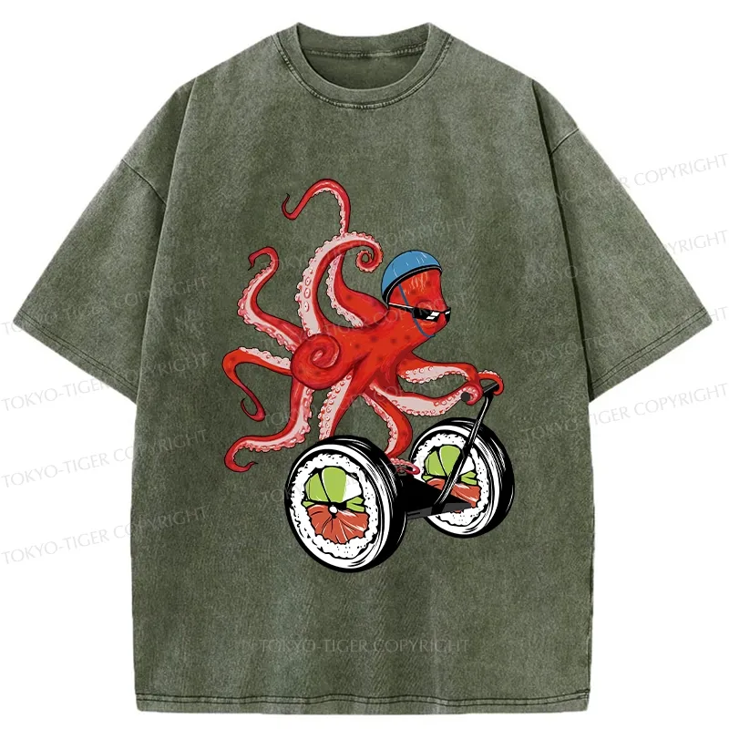 Tokyo-Tiger Octopus Riding A Sushi Cart Washed T-Shirt