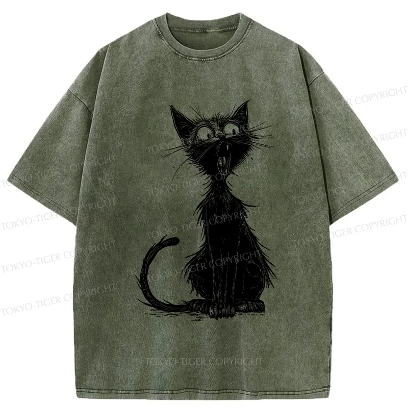 Tokyo-Tiger Surprised Black Cat Washed T-Shirt