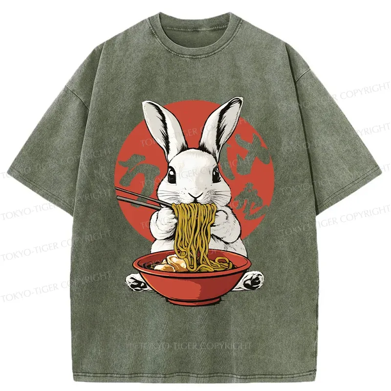 Tokyo-Tiger Rabbit Eating Ramen Washed T-Shirt