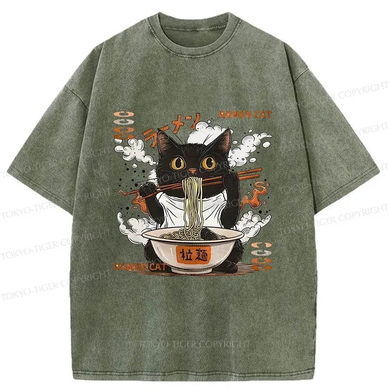 Tokyo-Tiger Cat Chef Eating Ramen Washed T-Shirt