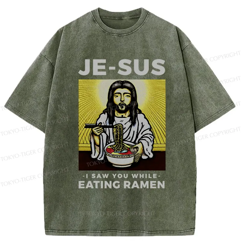 Tokyo-Tiger Jesus Eating Ramen Washed T-Shirt