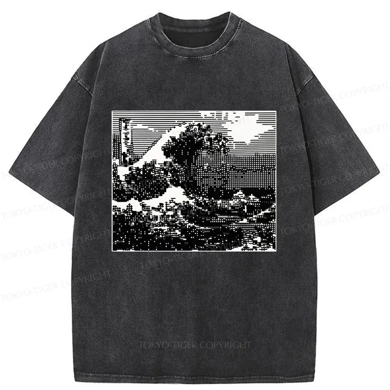 Tokyo-Tiger Black And White Ukiyoe Wave Washed T-Shirt