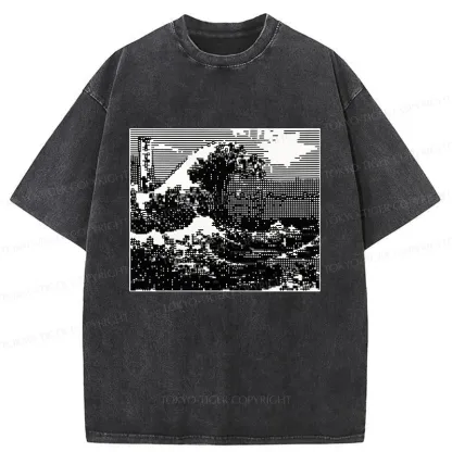 Tokyo-Tiger Black And White Ukiyoe Wave Washed T-Shirt