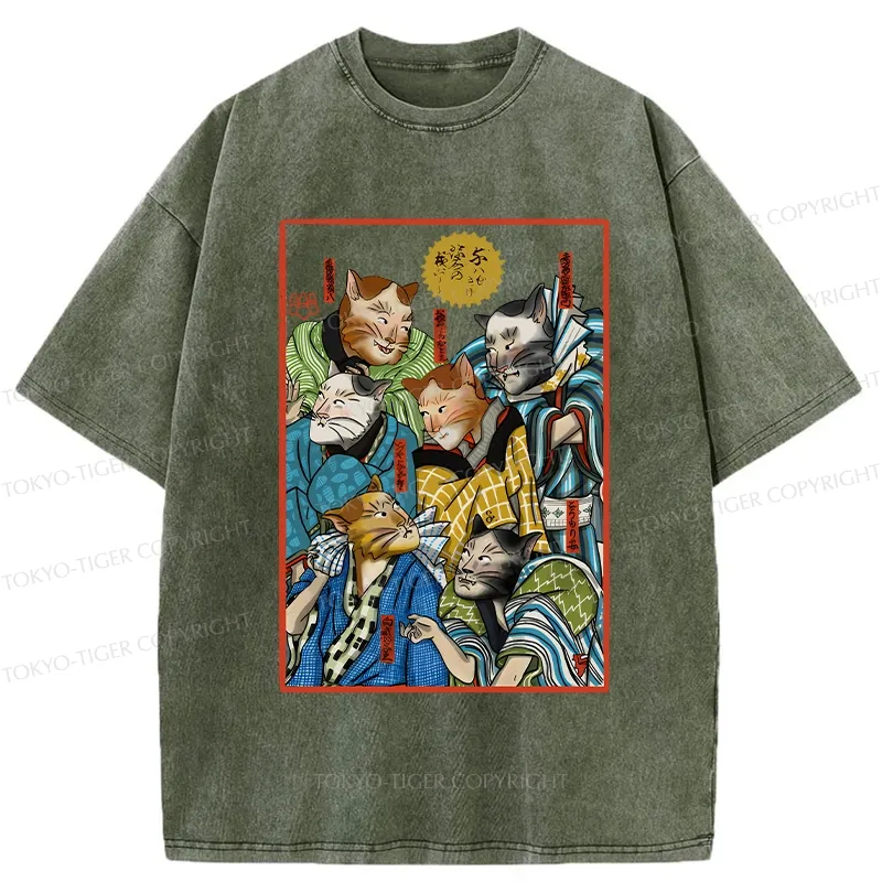 Tokyo-Tiger Japanese Ukiyo-e Cats Washed T-Shirt
