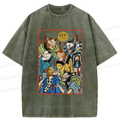 Tokyo-Tiger Japanese Ukiyo-e Cats Washed T-Shirt