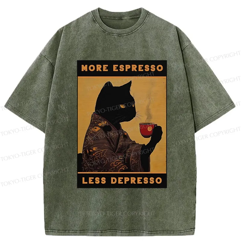 Tokyo-Tiger More Espresso Less Depresso Retro Washed T-Shirt