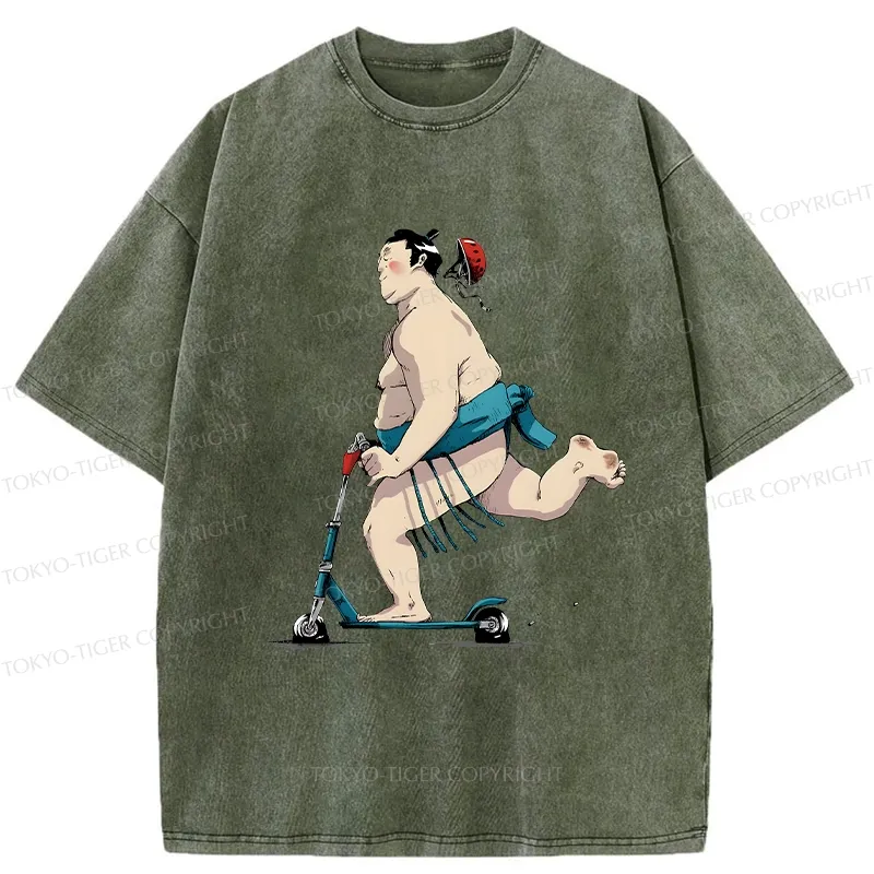 Tokyo-Tiger Sumo On A Scooter Washed T-Shirt