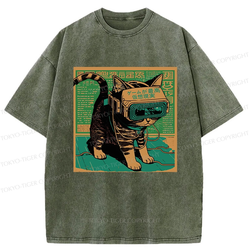 Tokyo-Tiger Cyberpunk Sci-Fi Cat Washed T-Shirt