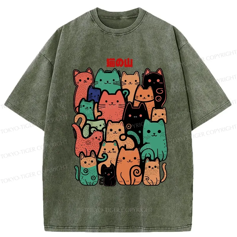 Tokyo-Tiger Funny Cat Mountain Washed T-Shirt