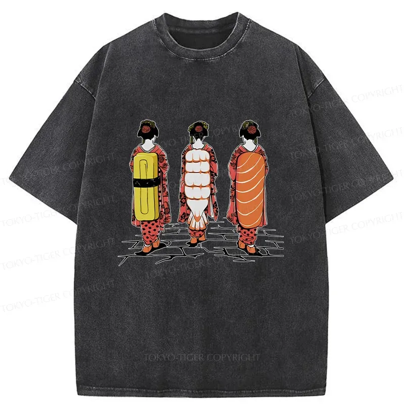 Tokyo-Tiger Sushi Japanese Girl Washed T-Shirt