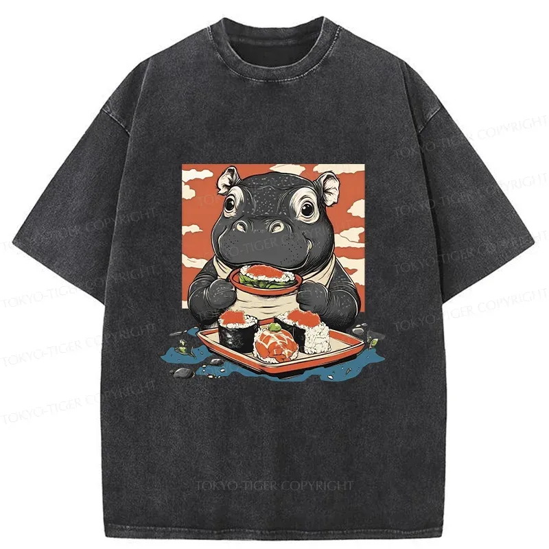 Tokyo-Tiger Moo Deng Eat Sushi Washed T-Shirt