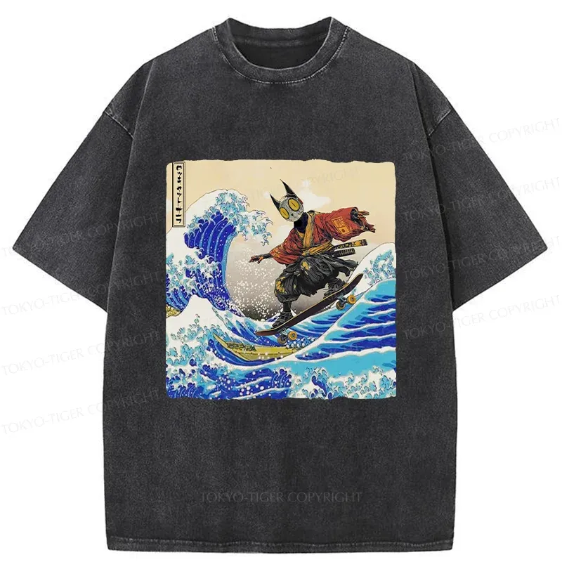 Tokyo-Tiger Surfing Machine Cat Washed T-Shirt