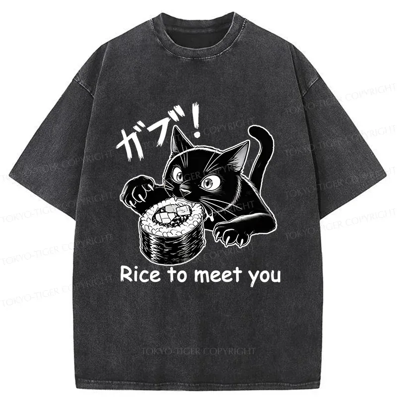 Tokyo-Tiger Fierce Cat Eating Sushi Washed T-Shirt