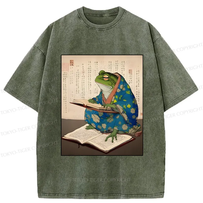 Tokyo-Tiger Frog Reading Japanese Washed T-Shirt