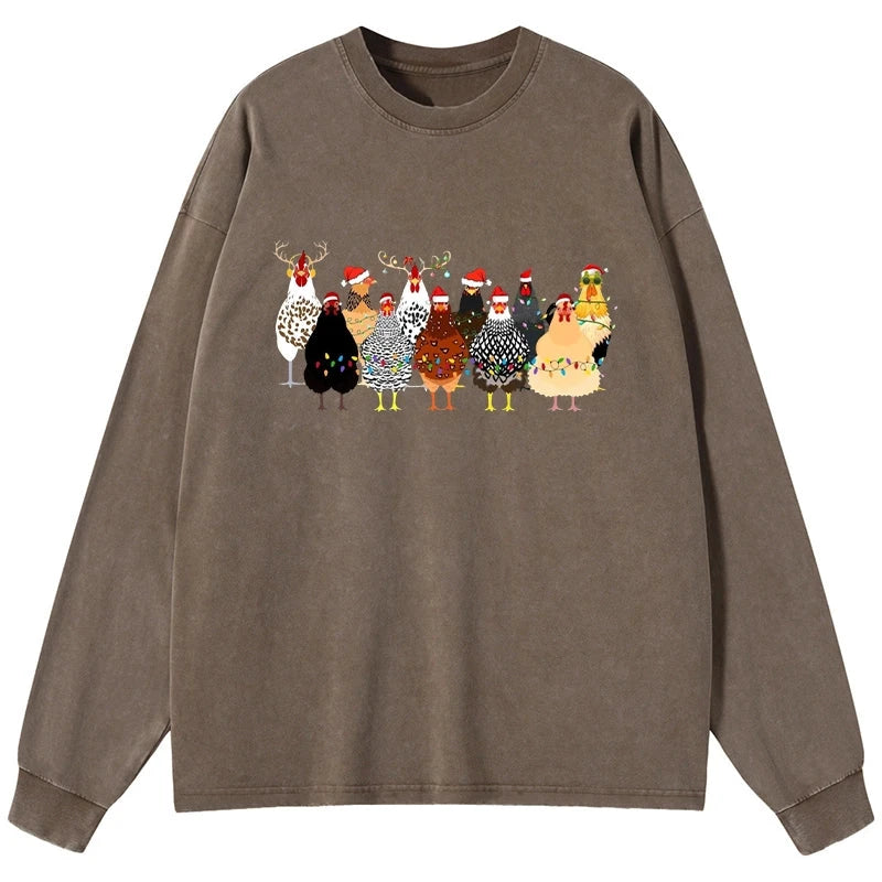 Tokyo-Tiger A Flock Of Christmas Chickens Washed Long Sleeve T-Shirt