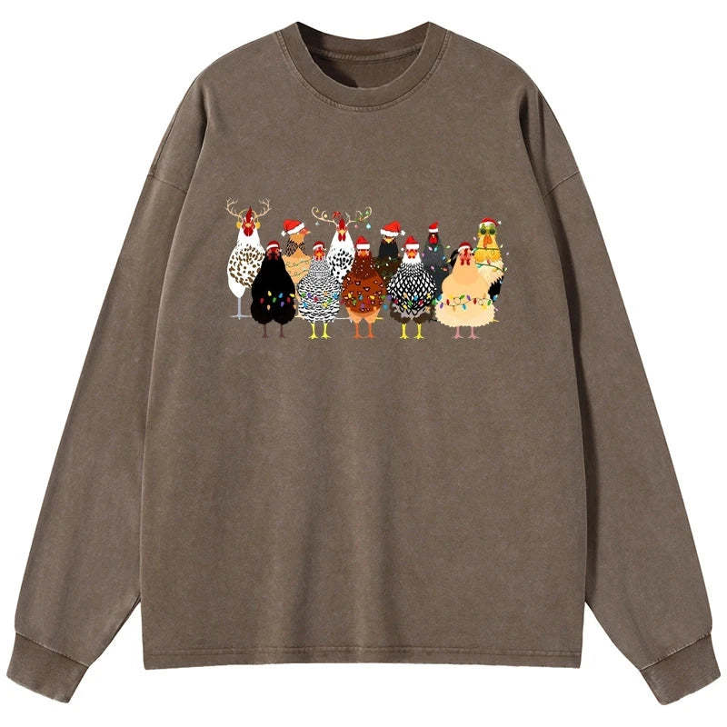 Tokyo-Tiger A Flock Of Christmas Chickens Washed Long Sleeve T-Shirt
