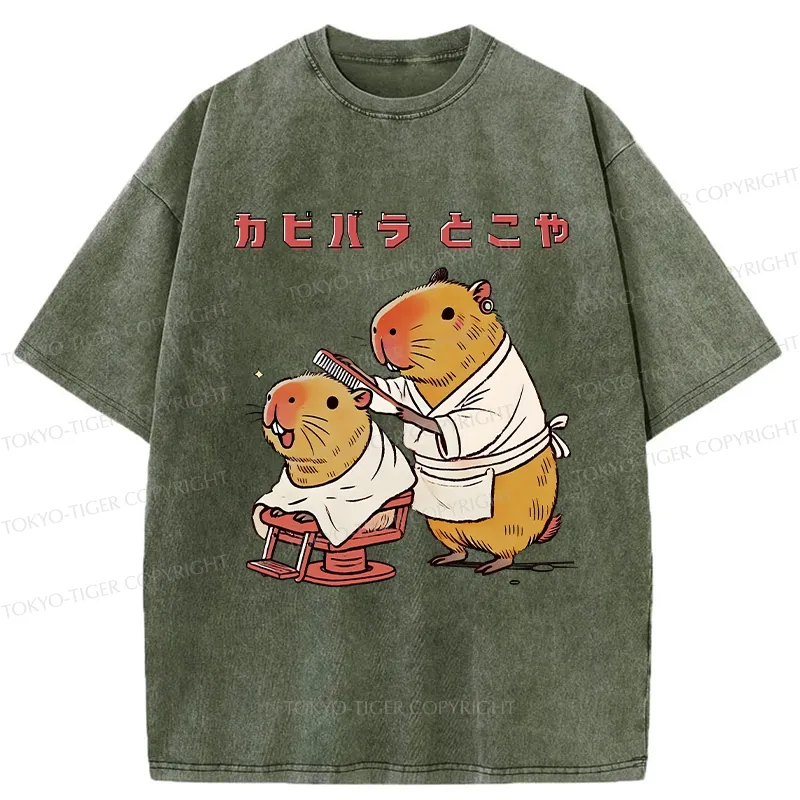 Tokyo-Tiger Funny Capybara Barber Washed T-Shirt