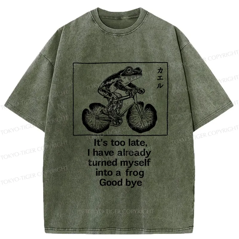 Tokyo-Tiger Funny Frog Riding A Bicycle Washed T-Shirt