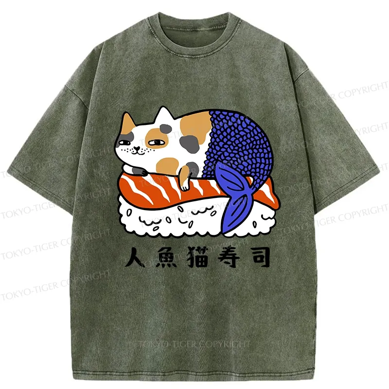 Tokyo-Tiger Mermaid Cat Sushi Washed T-Shirt