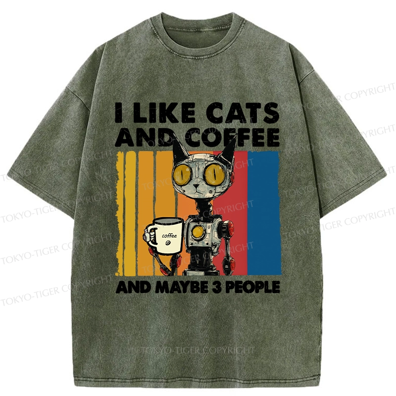 Tokyo-Tiger I Like Robot Cats And Coffee Washed T-Shirt