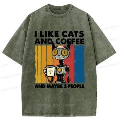 Tokyo-Tiger I Like Robot Cats And Coffee Washed T-Shirt